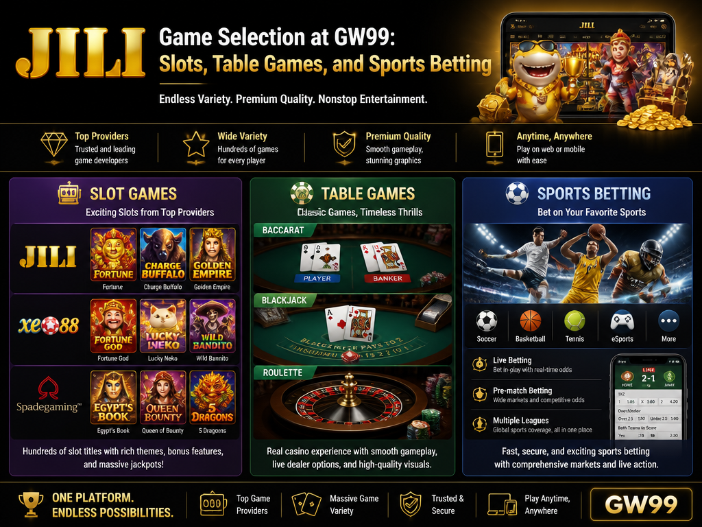 Image illustrating the online casino game or provider "Jili", for an article section titled "Game Selection at GW99: Slots, Table Games, and Sports Betting": Break down the types of games available: slot games from top providers (Jili, Xe88, Spadegaming), table games (baccarat, blackjack, roulette), and sports betting options. Cover variety and quality.