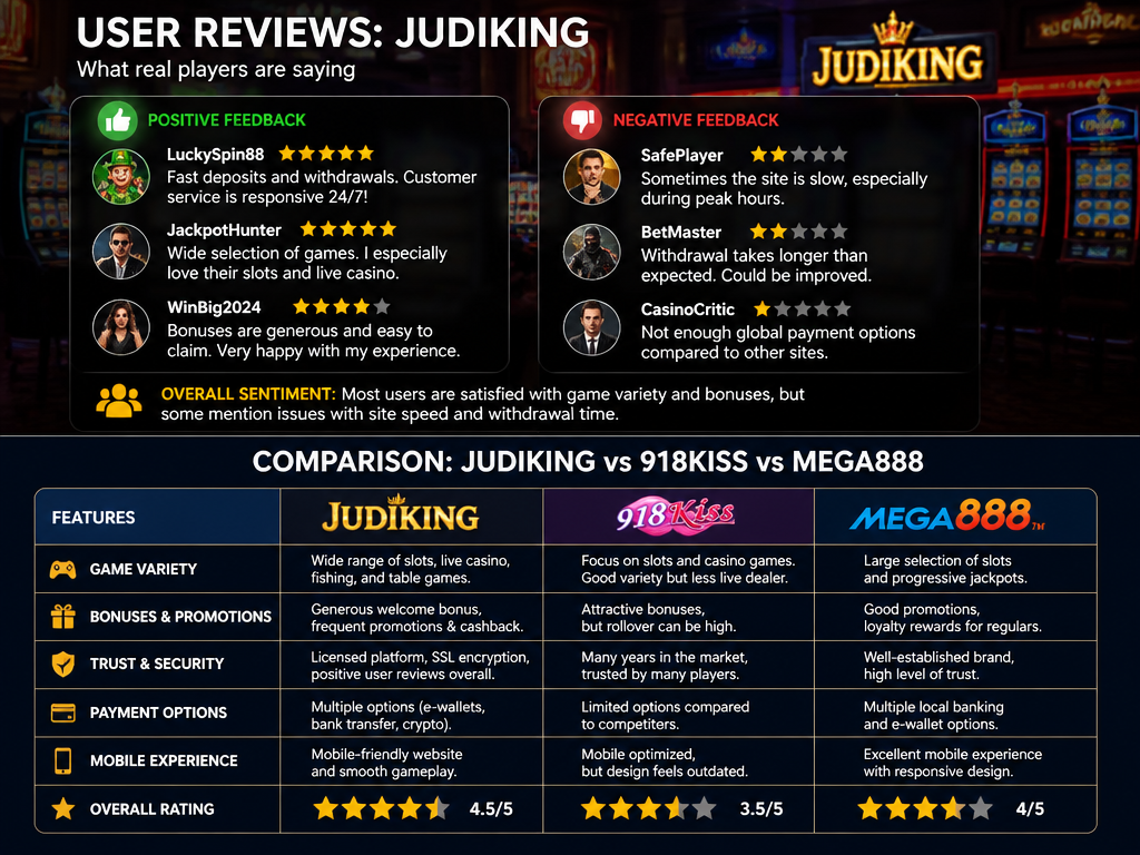 Photo-realistic image illustrating the topic of the article section "User Reviews and Comparison with 918Kiss and Mega888" (about the online casino brand "judiking"): Summarize user reviews from forums or social media (mention positive and negative feedback). Compare Judiking with competitors like 918Kiss and Mega888 in terms of game variety, bonuses, and trust. Address both gaps.