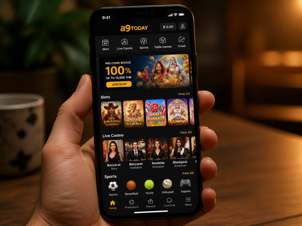 Photo-realistic image illustrating the topic of the article section "Game Selection and App Features" (about the online casino brand "a9today"): Cover the range of games available (slots, table games, live dealer) and sports betting. Discuss the app's user interface, navigation, and any unique features. Address the gap: No app feature overview.