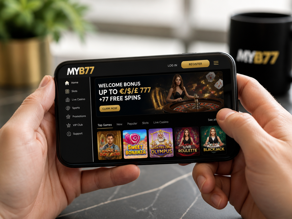 Photo-realistic image illustrating the topic of the article section "Mobile Gaming Experience on MYB77" (about the online casino brand "myb77"): Describe mobile compatibility (browser-based or dedicated app); mention supported devices (iOS, Android); highlight mobile-specific features or limitations; fill gap on mobile support.