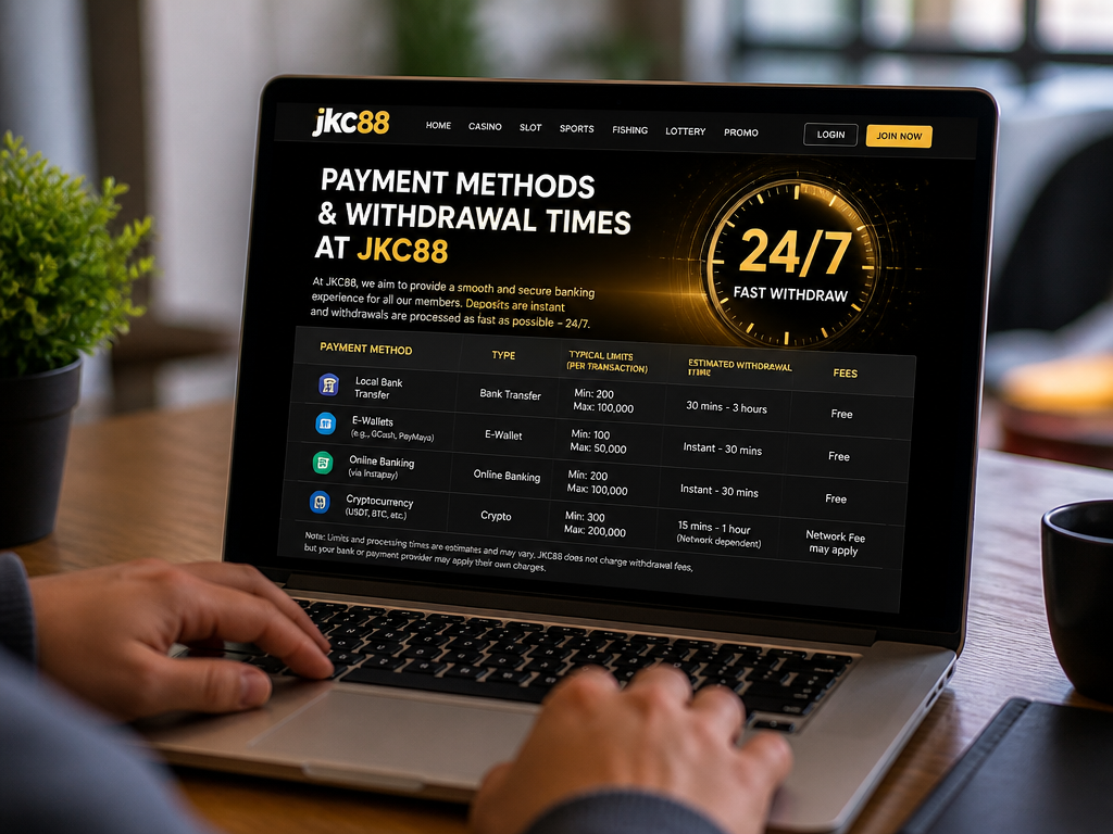 Photo-realistic image illustrating the topic of the article section "Payment Methods and Withdrawal Times at JKC88" (about the online casino brand "jkc88"): Cover the gap: no specific withdrawal limits, processing times, or method details. Discuss common methods (bank transfer, e-wallets, etc.), typical limits, and the claimed 'Fast Withdraw 24/7'. Provide realistic estimates and any potential fees.