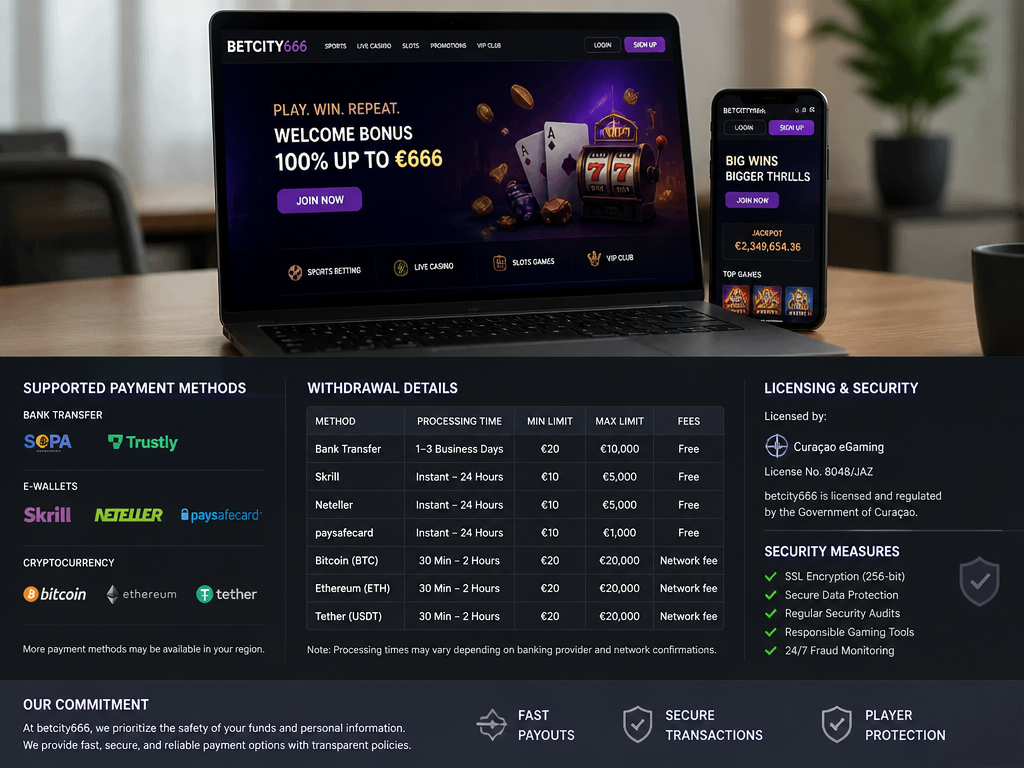 Photo-realistic image illustrating the topic of the article section "Payment Methods, Security, and Licensing" (about the online casino brand "betcity666"): List supported payment methods (e.g., bank transfer, e-wallets, crypto). Detail withdrawal times, limits, fees. Mention licensing authority and security measures (SSL, data protection). Address gaps: no payment method list, no withdrawal details, no licensing info.