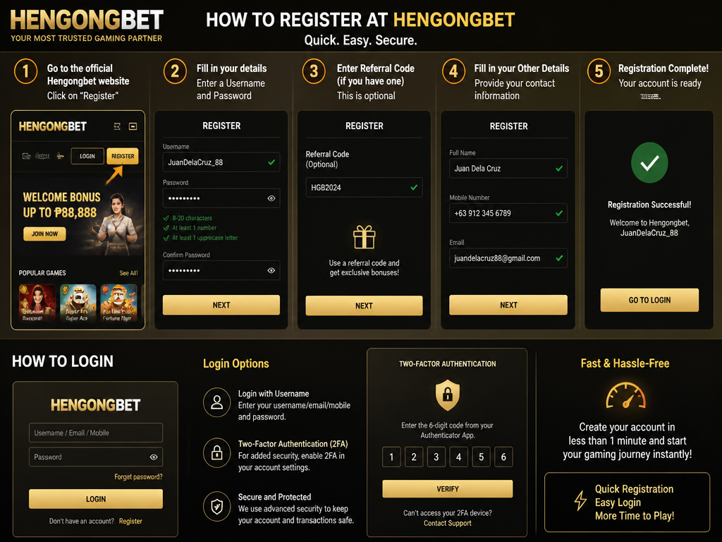 Photo-realistic image illustrating the topic of the article section "How to Register and Login at Hengongbet" (about the online casino brand "hengongbet"): Step-by-step registration process (username, password, referral code). Explain login options (2FA if any). Mention ease and speed of account creation.