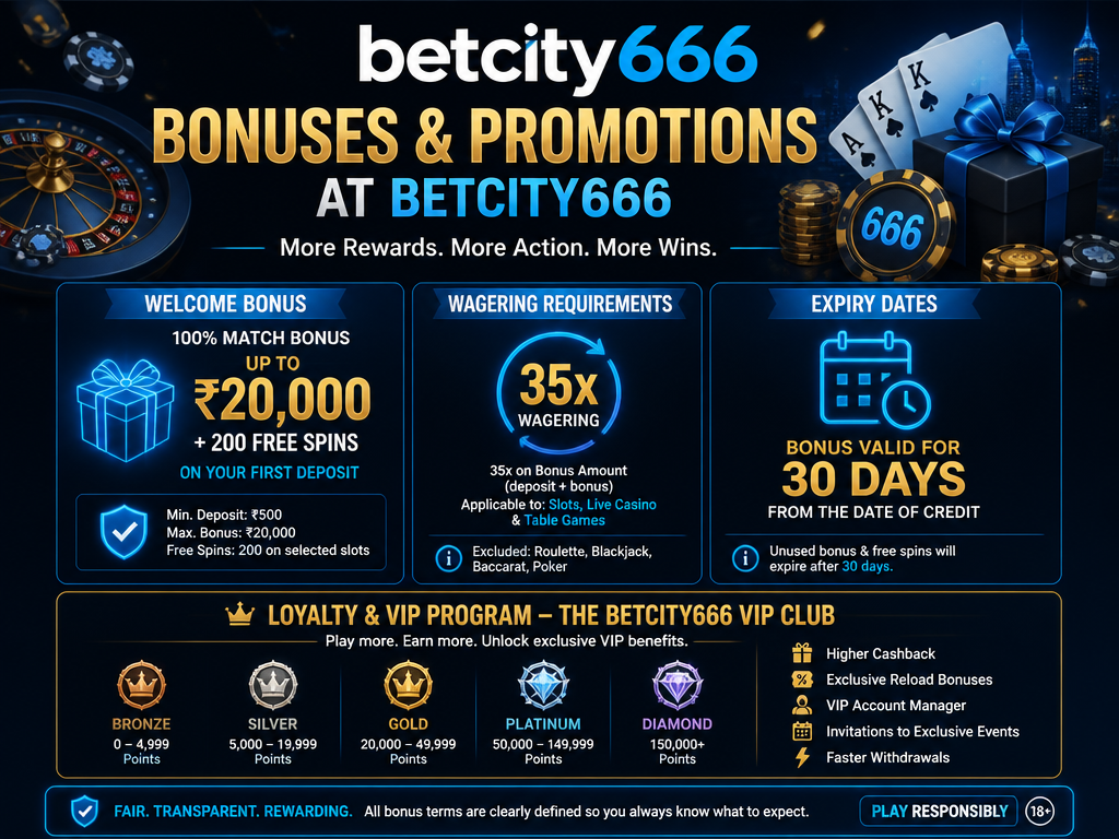 Image illustrating a casino bonus or promotion for the brand "betcity666", for an article section titled "Bonuses and Promotions at Betcity666": Cover welcome bonus details (if any), wagering requirements, expiry dates, and loyalty/VIP program. Address gap: no specific bonus wagering or expiry mentioned in competitors.