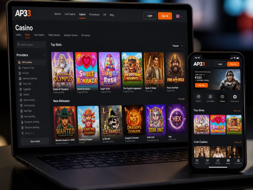 Photo-realistic image illustrating the topic of the article section "Game Selection and Slot Providers at AP33" (about the online casino brand "ap33"): List supported slot game providers and popular titles; address the gap of no list of providers; explain the variety of games available (slots, live casino, sports betting).