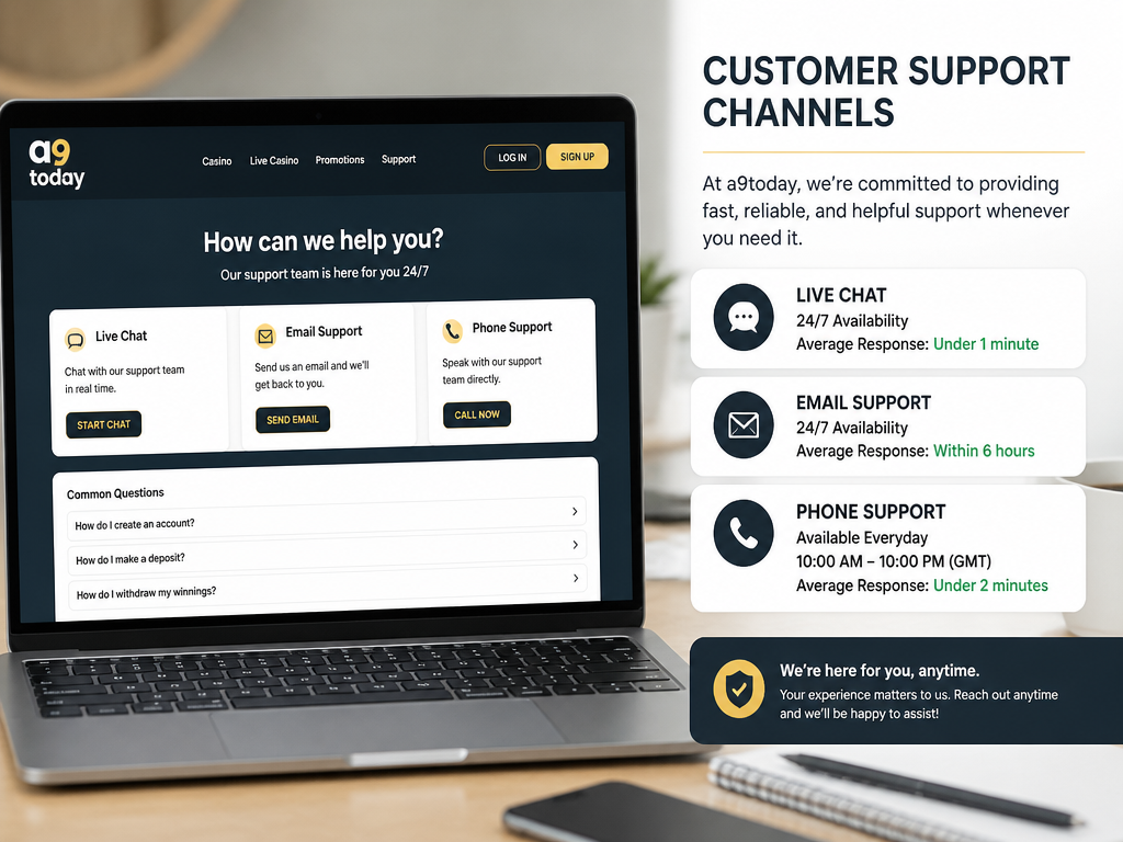 Photo-realistic image illustrating the topic of the article section "Customer Support Channels" (about the online casino brand "a9today"): Detail live chat, email, phone support hours and responsiveness. Address gap: No customer support contact.