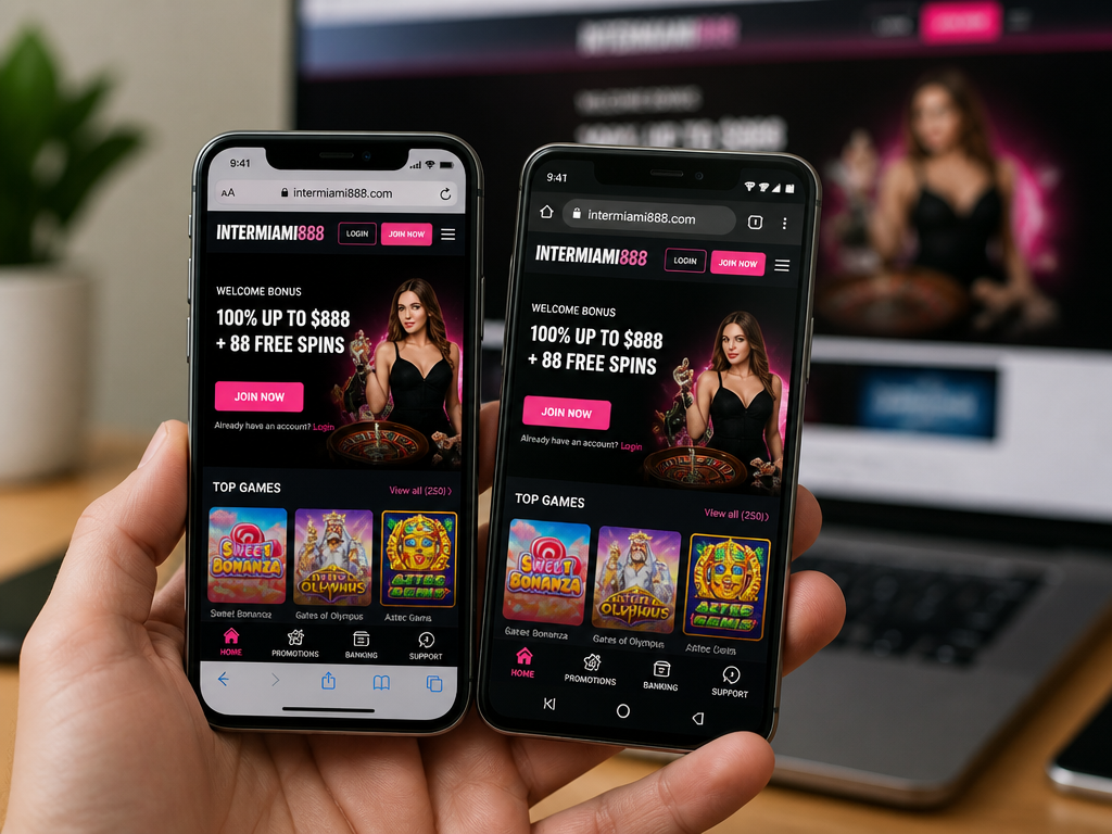 Photo-realistic image illustrating the topic of the article section "Intermiami888 Mobile Experience: App and Browser Compatibility" (about the online casino brand "intermiami888"): Address missing mobile app or browser details (gap); discuss mobile-responsive site vs dedicated app; test on iOS/Android