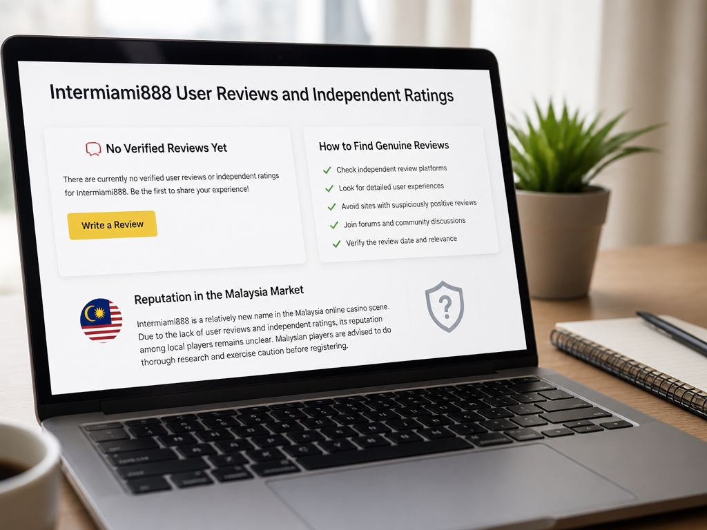 Photo-realistic image illustrating the topic of the article section "Intermiami888 User Reviews and Independent Ratings" (about the online casino brand "intermiami888"): Cover missing user testimonials and ratings (gap); discuss how to find genuine reviews; mention reputation in Malaysia market