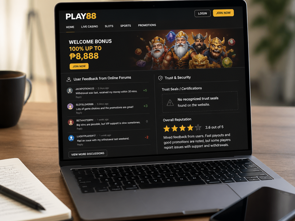 Photo-realistic image illustrating the topic of the article section "User Feedback and Trustworthiness of Play88" (about the online casino brand "play88"): Summarize user feedback from online forums; note the absence of recognized trust seals; comment on overall reputation; gap: user reviews/trust seals.