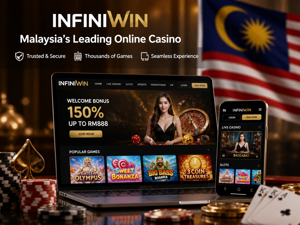 Photo-realistic image illustrating the topic of the article section "Infiniwin Overview: A Top Online Casino in Malaysia" (about the online casino brand "infiniwin"): Introduce Infiniwin as a leading online casino in Malaysia, highlighting its reputation, game variety, and user-friendly platform. Covers overall brand positioning.