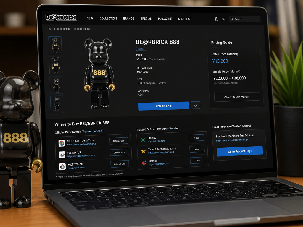 Photo-realistic image illustrating the topic of the article section "Pricing and Where to Buy Bearbrick 888" (about the online casino brand "bearbrick 888"): Current market price (retail vs. resale); recommended official distributors and online platforms; direct purchase link for verified sellers.