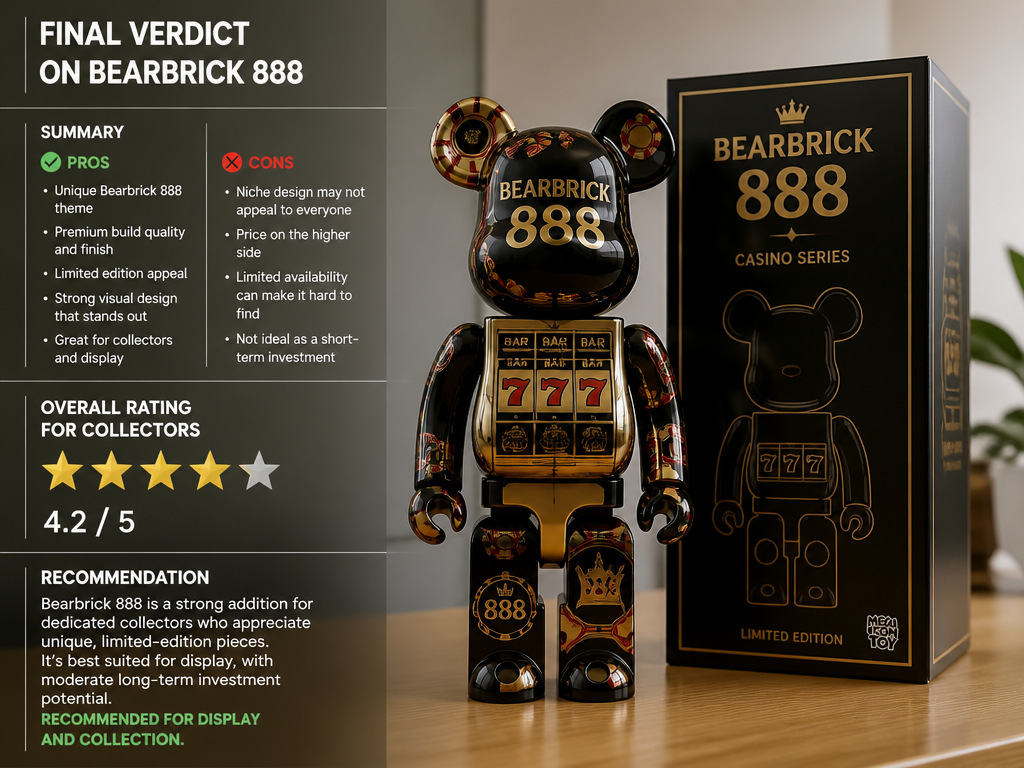 Photo-realistic image illustrating the topic of the article section "Final Verdict on Bearbrick 888" (about the online casino brand "bearbrick 888"): Summary of pros and cons; overall rating for collectors; recommendation on whether to buy for display or investment.