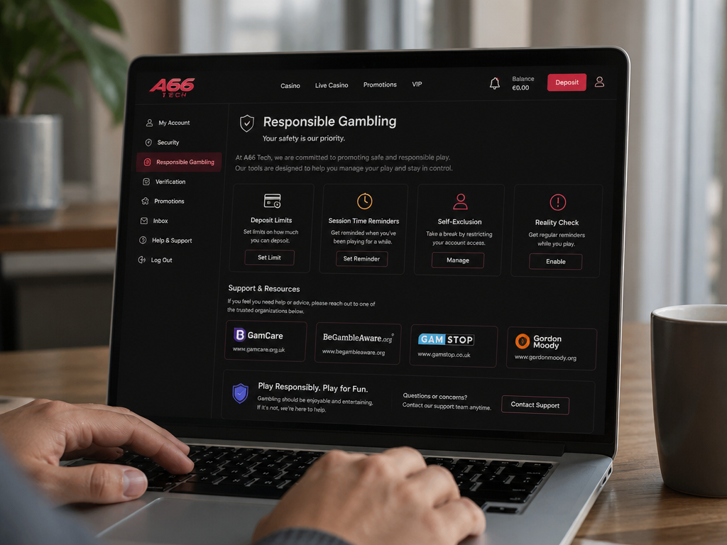 Photo-realistic image illustrating the topic of the article section "Responsible Gambling Tools" (about the online casino brand "a66 tech"): List available tools: deposit limits, session time reminders, self-exclusion, and links to support organizations (e.g., GamCare). Emphasize A66 Tech's commitment to safe play. Covers the gap: no responsible gambling tools mentioned.