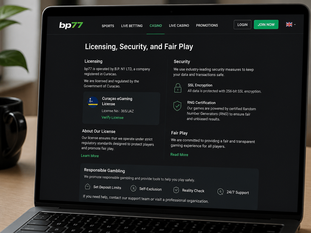 Photo-realistic image illustrating the topic of the article section "Licensing, Security, and Fair Play" (about the online casino brand "bp77"): State the licensing body (e.g., Malta Gaming Authority or Curacao eGaming) and license number if available. Discuss security measures (SSL encryption, RNG certification). Cover the gap of missing licensing details. Address fair play and responsible gambling.