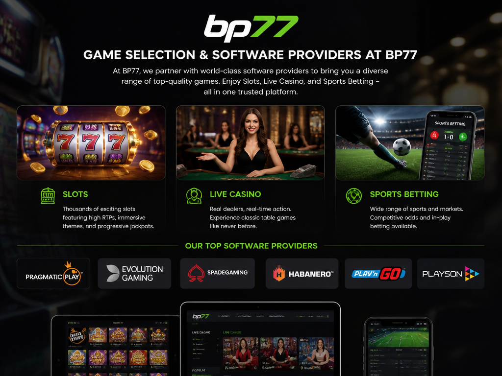 Photo-realistic image illustrating the topic of the article section "Game Selection and Software Providers at BP77" (about the online casino brand "bp77"): List game types available (slots, live casino, sports betting). Name key software providers such as Pragmatic Play, Evolution Gaming, and Spadegaming. Cover the gap of missing game provider information. Emphasize diversity and quality.