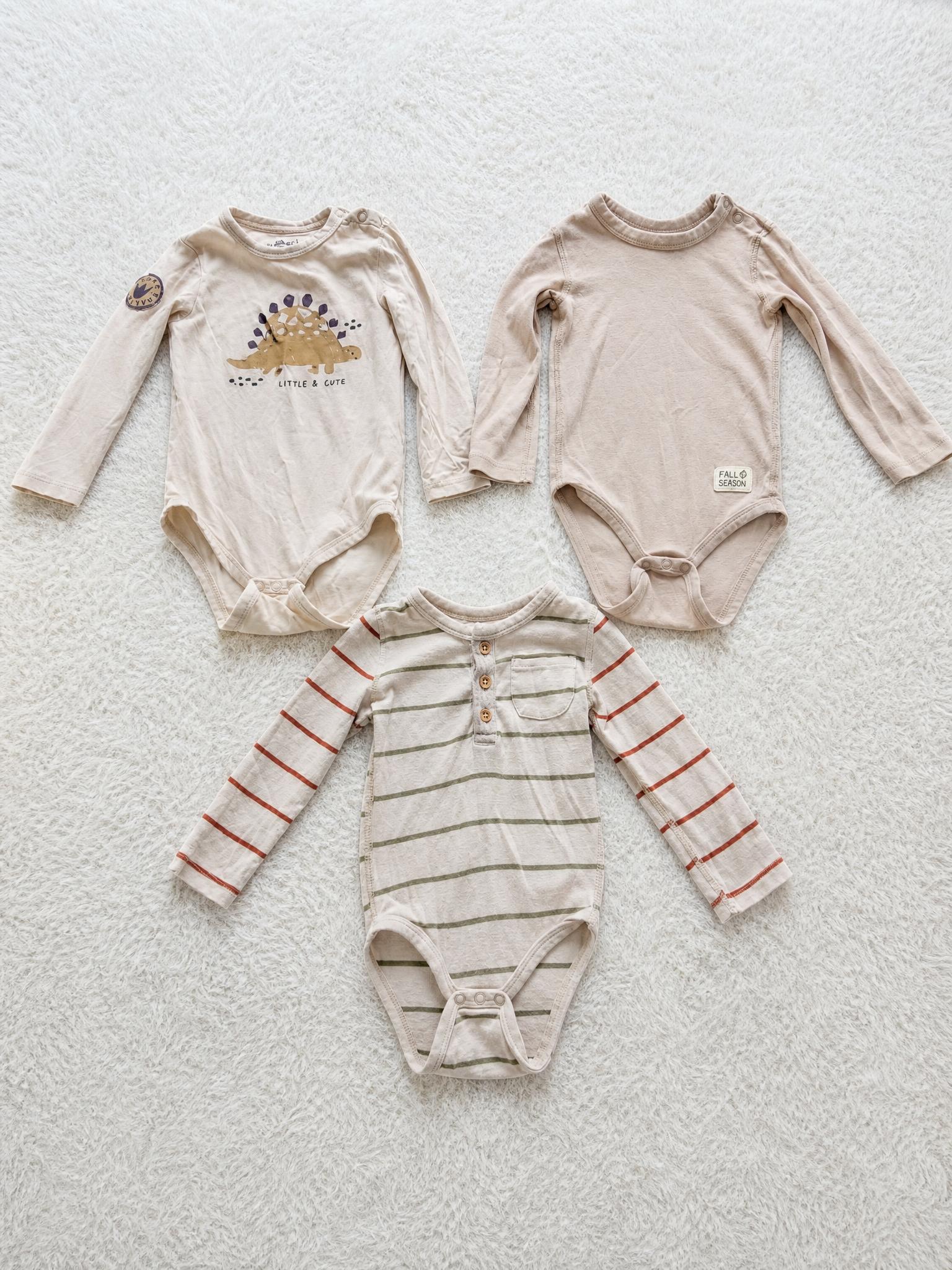 3-piece baby long-sleeve bodysuit bundle – dinosaur & stripes