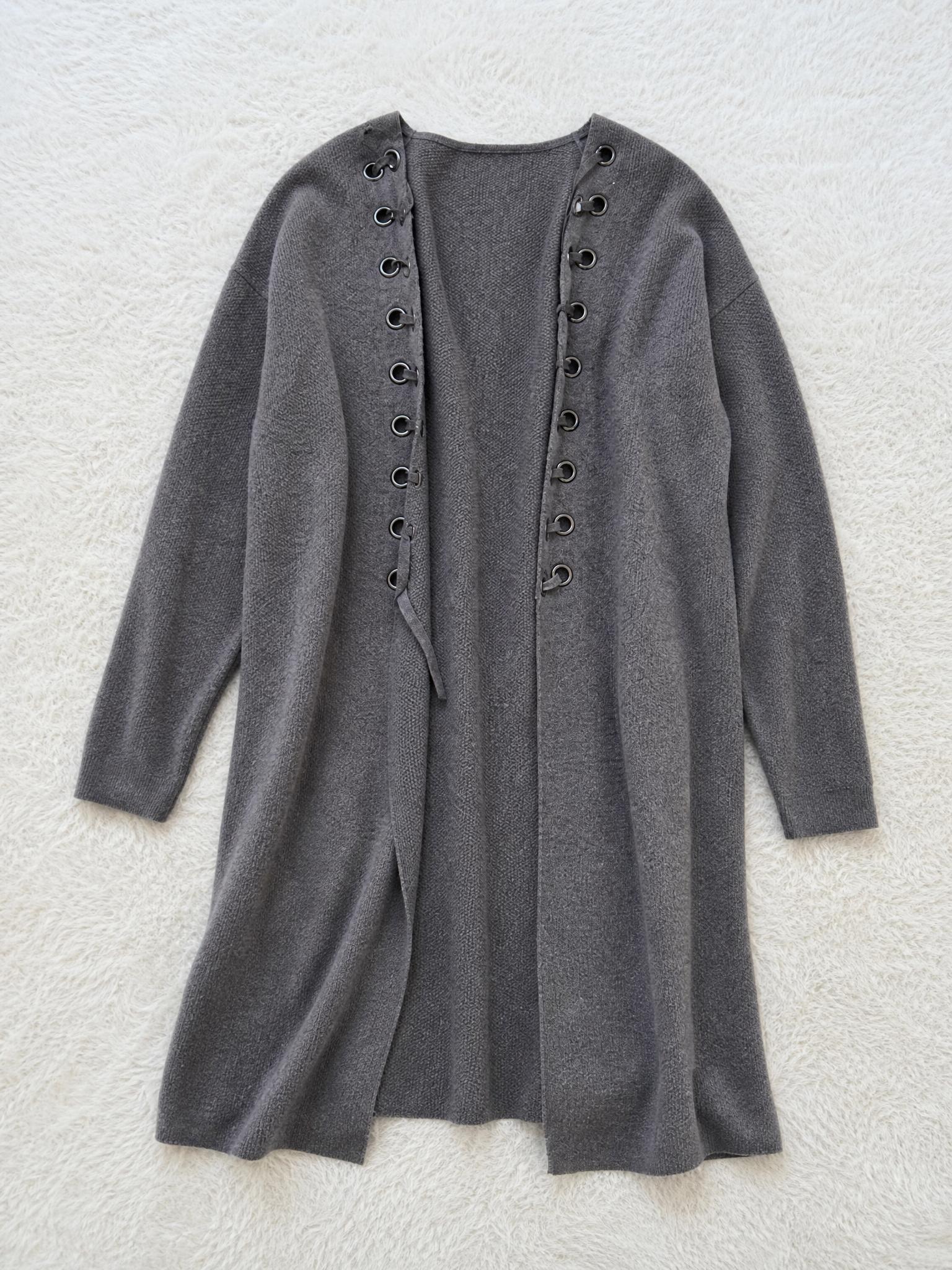 Charcoal Grey Longline Lace-Up Knit Cardigan