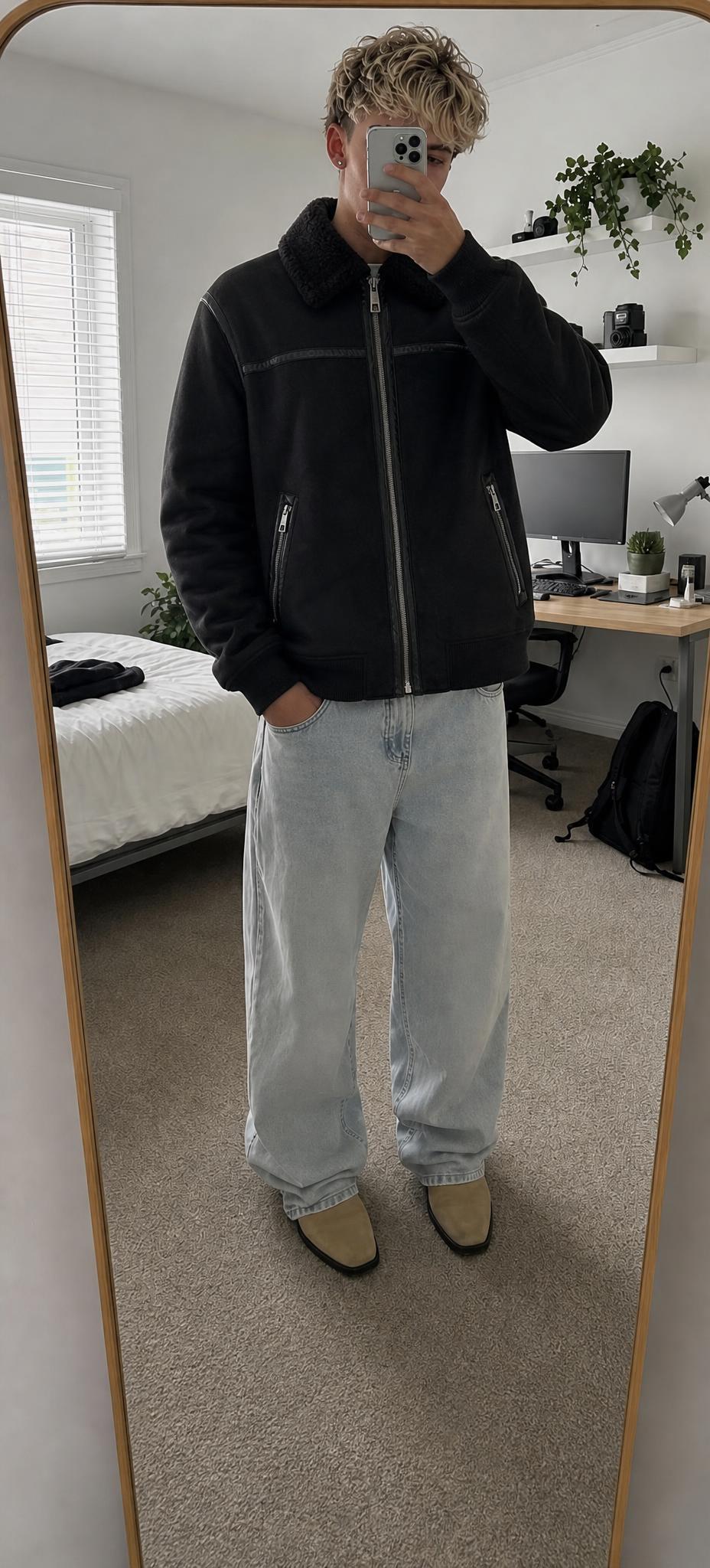 Black Shearling Collar Bomber Jacket with Zip Details