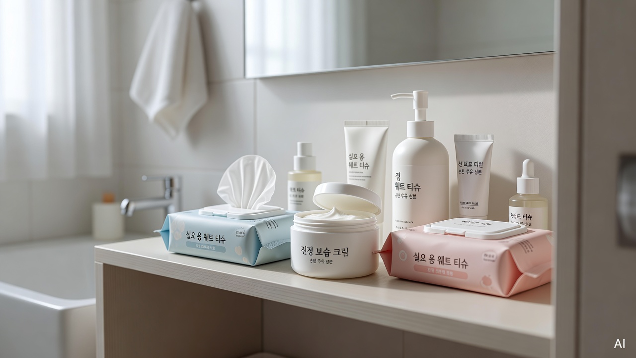 various skincare and hygiene products including wet wipes and moisturizer arranged on a bathroom shelf