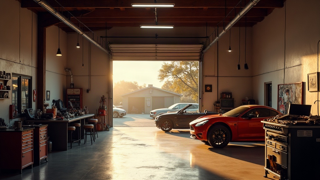 Main Auto repair shop bay at dusk