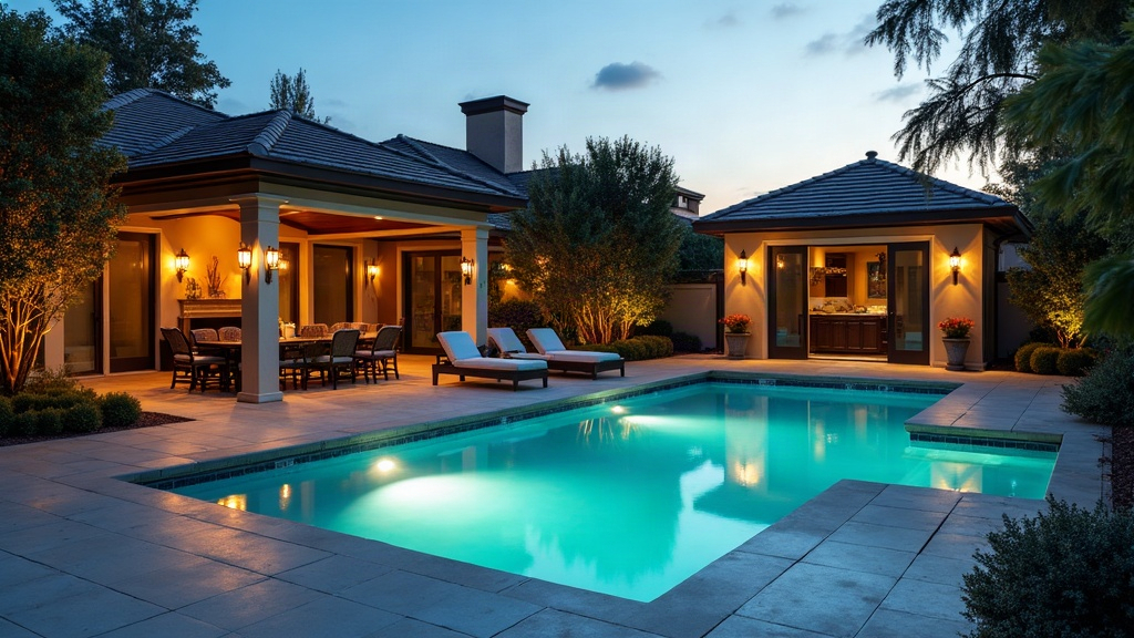 Sparkling backyard pool at dusk in Southern California
