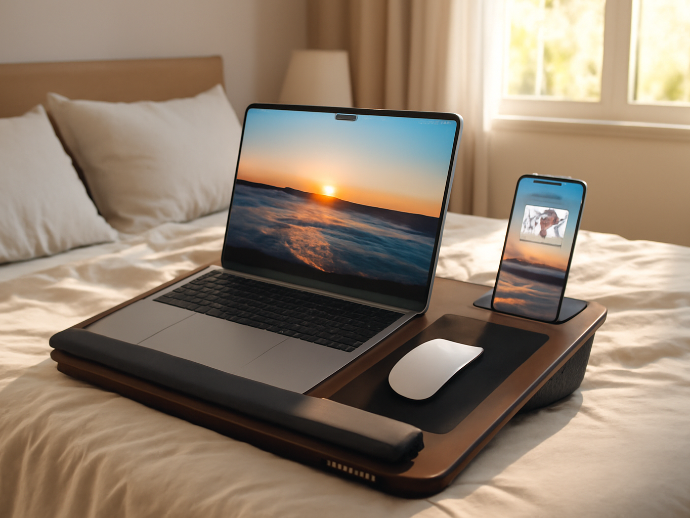 HETTHI lap desk in use on a bed with laptop and tablet, full bedroom setting with natural light