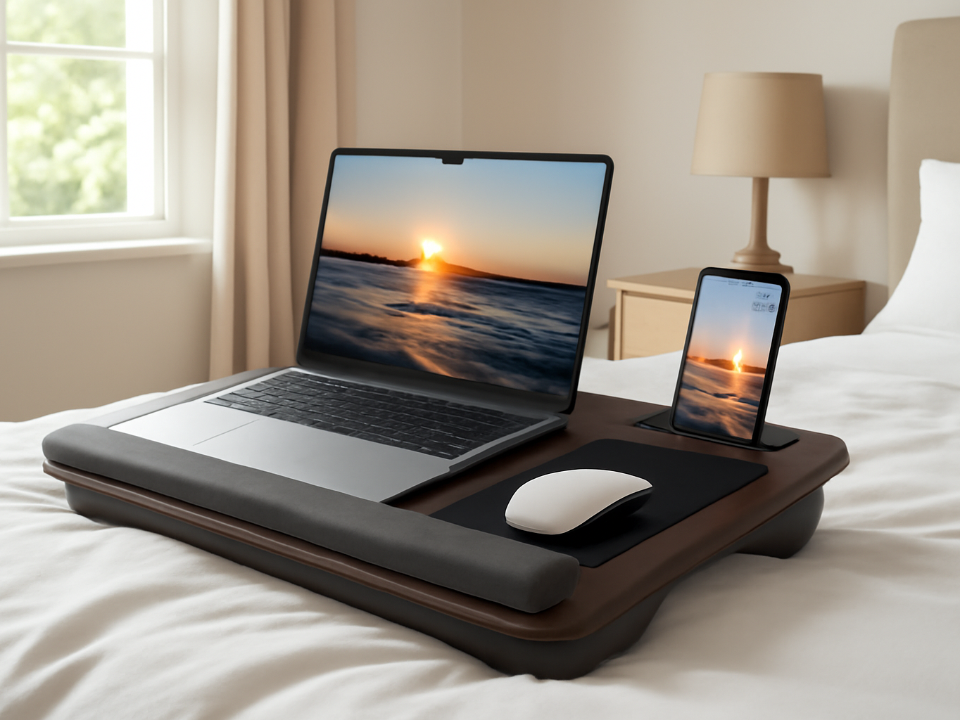 HETTHI lap desk set up on a bed in a bright bedroom with a laptop and tablet in use