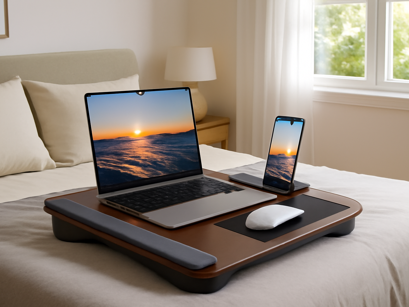 HETTHI lap desk on a bed in a sunlit bedroom with a laptop displayed on its surface