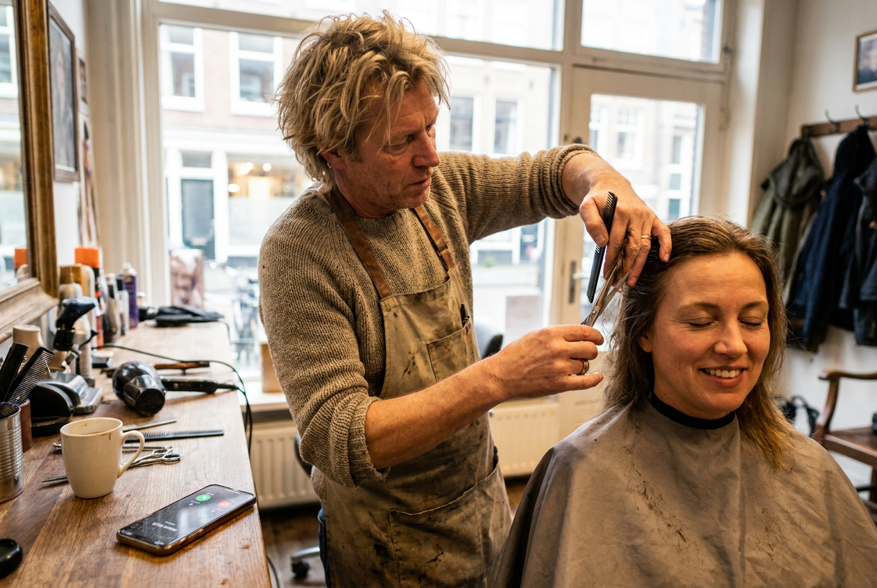 Drukke ondernemer met beide handen aan het werk terwijl de telefoon naast hem overgaat