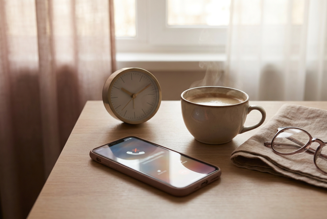 Smartphone met een gemiste oproep naast een klok op een bureau, symbool voor reactietijd