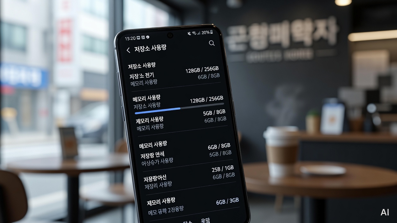 close-up of a Samsung Galaxy phone screen displaying storage and memory usage information