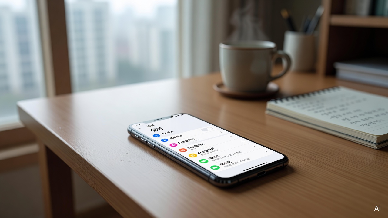 smartphone screen showing settings menu on a wooden desk