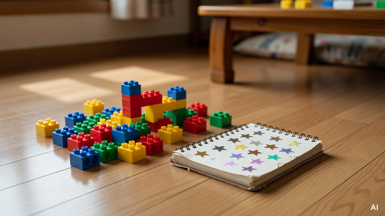 colorful building blocks and a small notebook with star stickers on a wooden floor