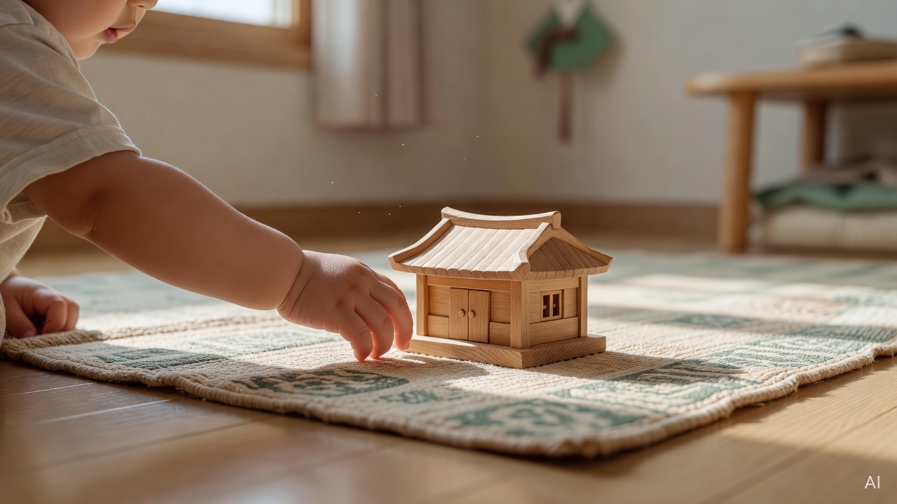 close-up of a small child's hand near a wooden toy on a play mat