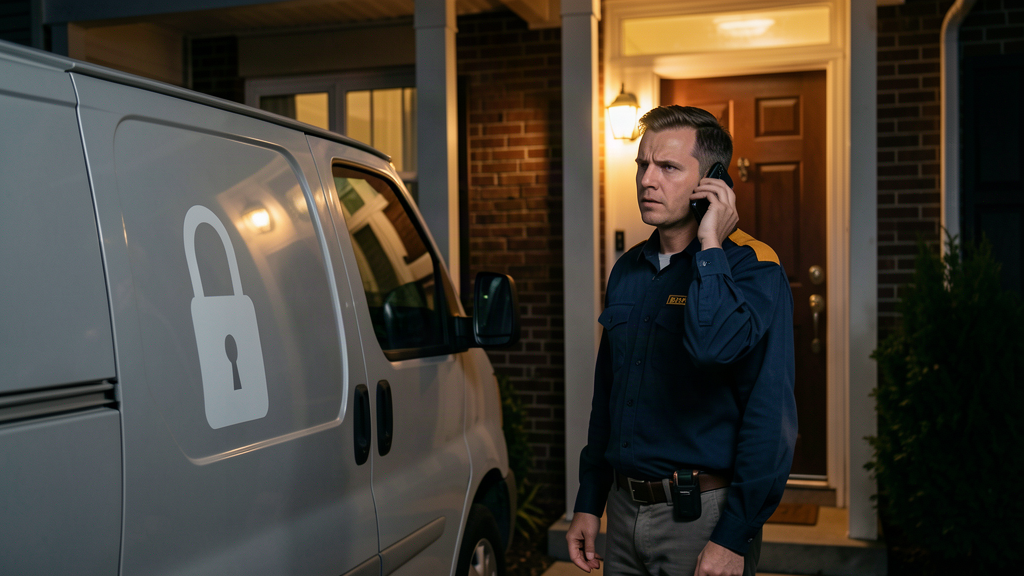 A locksmith in a blue work jacket holding a smartphone to their ear beside a white locksmith service van outside a home at night, warm porch light, no text