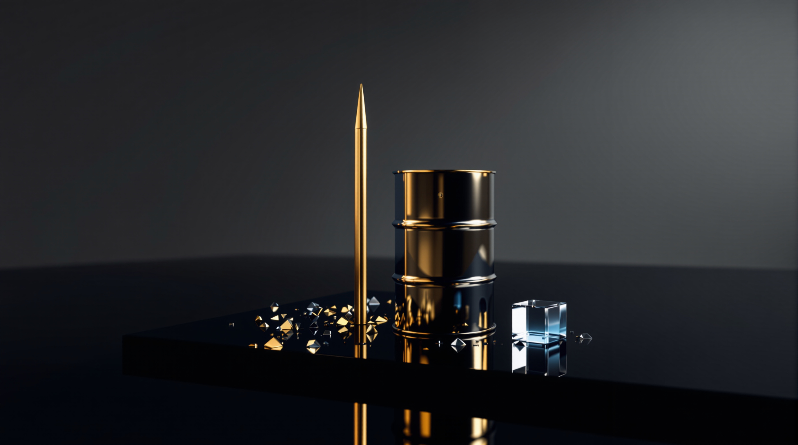 a single polished oil barrel (real object) with a subtle puncture mark, a rising brushed‑gold spike, and a sliding silver‑blue glass cube on a reflect — editorial cover artwork for the Knightron story on Oil Shock Rattles Markets As Brent Breaks $100; Crypto Slide