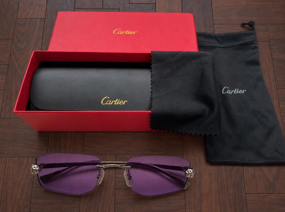 Cartier purple rectangular sunglasses with box and pouch