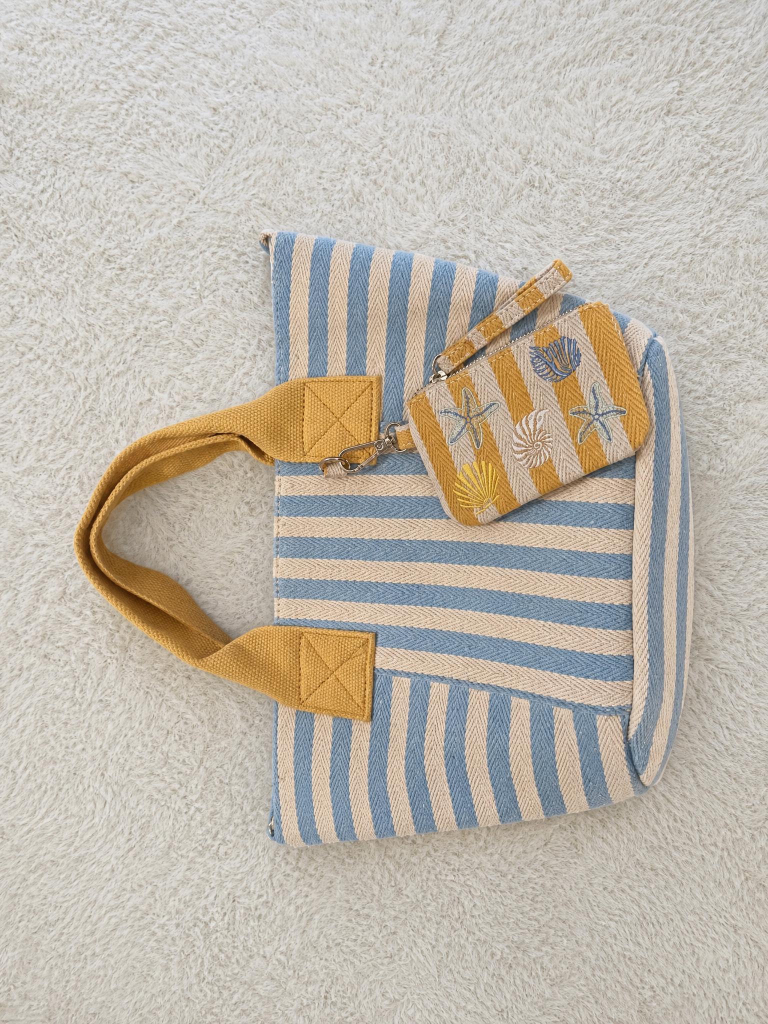 Striped Canvas Tote Bag with Matching Zip Pouch