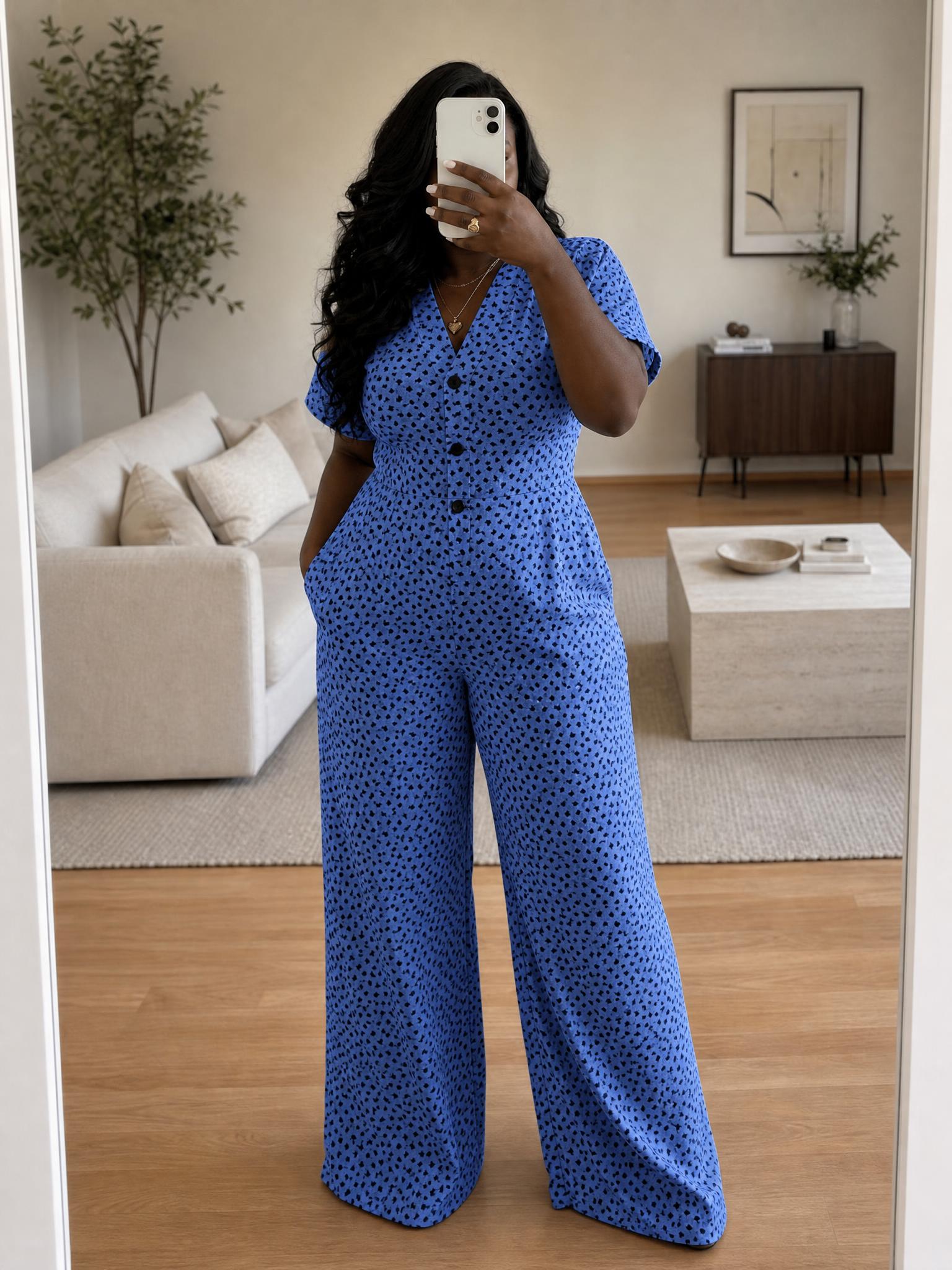 Nobody's Child Blue Floral Print Wide-Leg Jumpsuit New