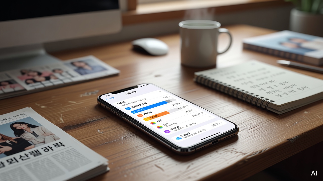 smartphone screen showing iPhone storage usage breakdown on a wooden desk