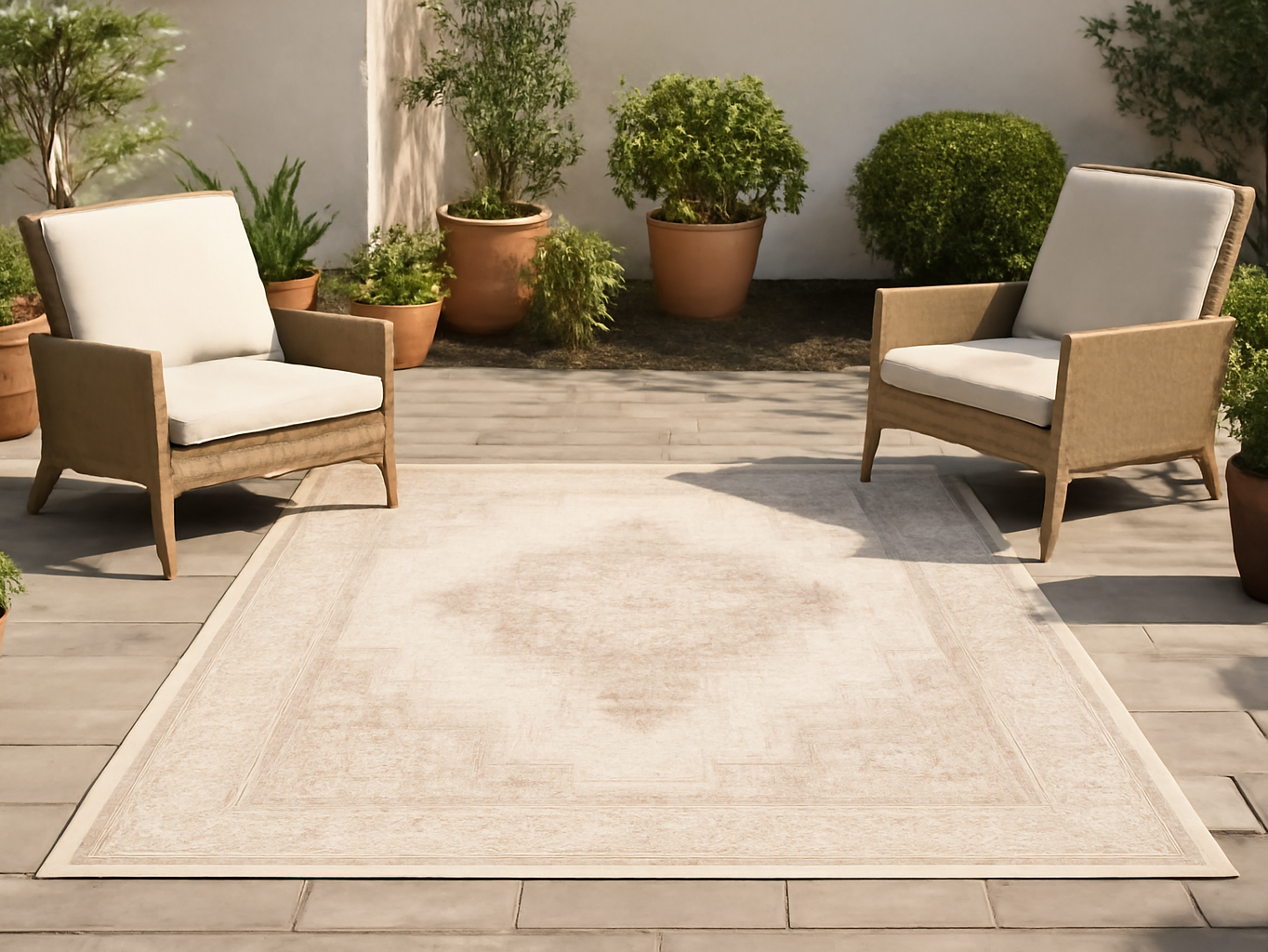 Beige outdoor rug on a patio with lounge furniture and plants in a full backyard scene