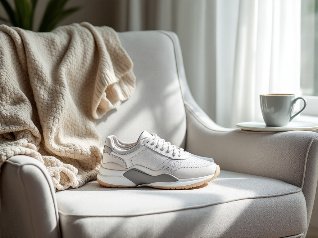Project Cloud sneaker resting on a bedroom chair with everyday items in a sunlit home setting