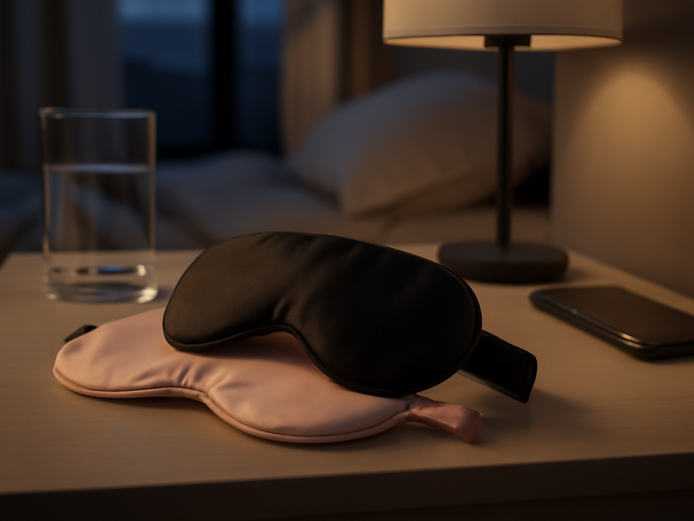 Black and pink silk eye mask placed on a bedroom nightstand among personal items, wide room view