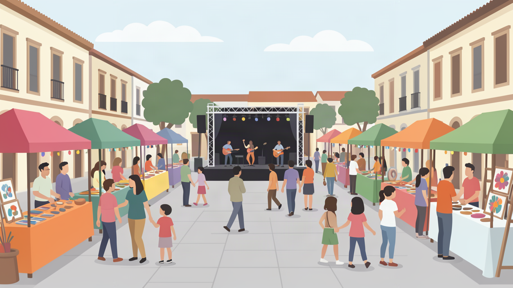 Ilustración de una feria de artesanos al aire libre, representación de la FRICC 2026 en Ituzaingó