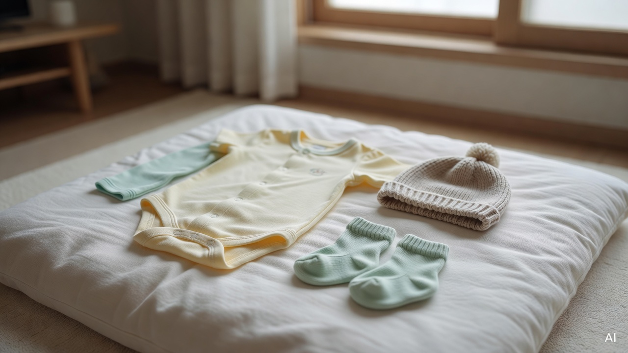 baby clothes laid out flat on a white cotton blanket — onesie, socks, and a knit hat arranged neatly