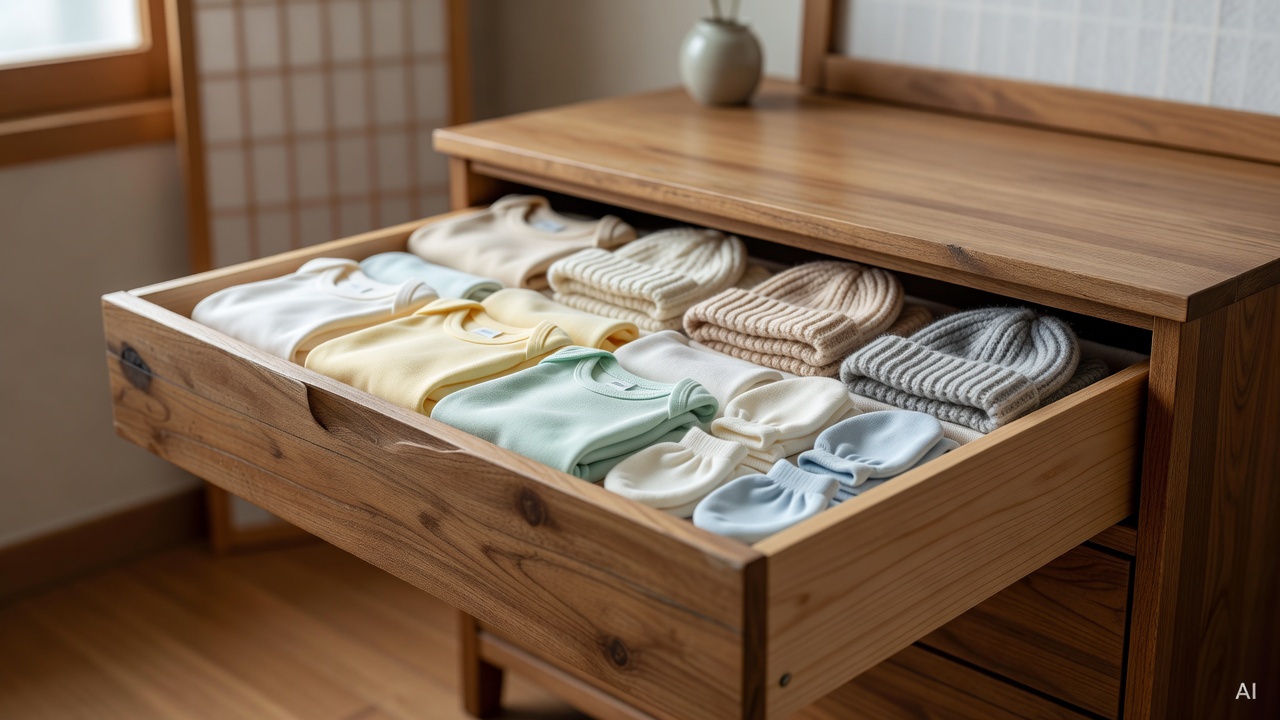 baby drawer with folded cotton bodysuits, knit hats, and mittens organized in a wooden dresser