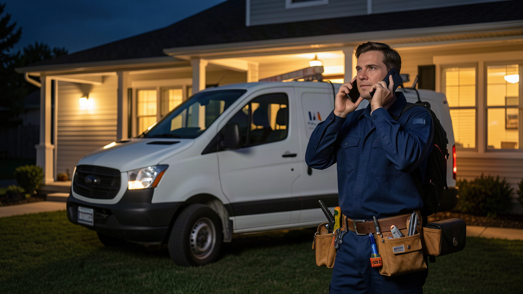 An electrician in a navy blue work uniform holding a smartphone to their ear beside a white electrical service van outside a suburban home at night, warm porch light, no text