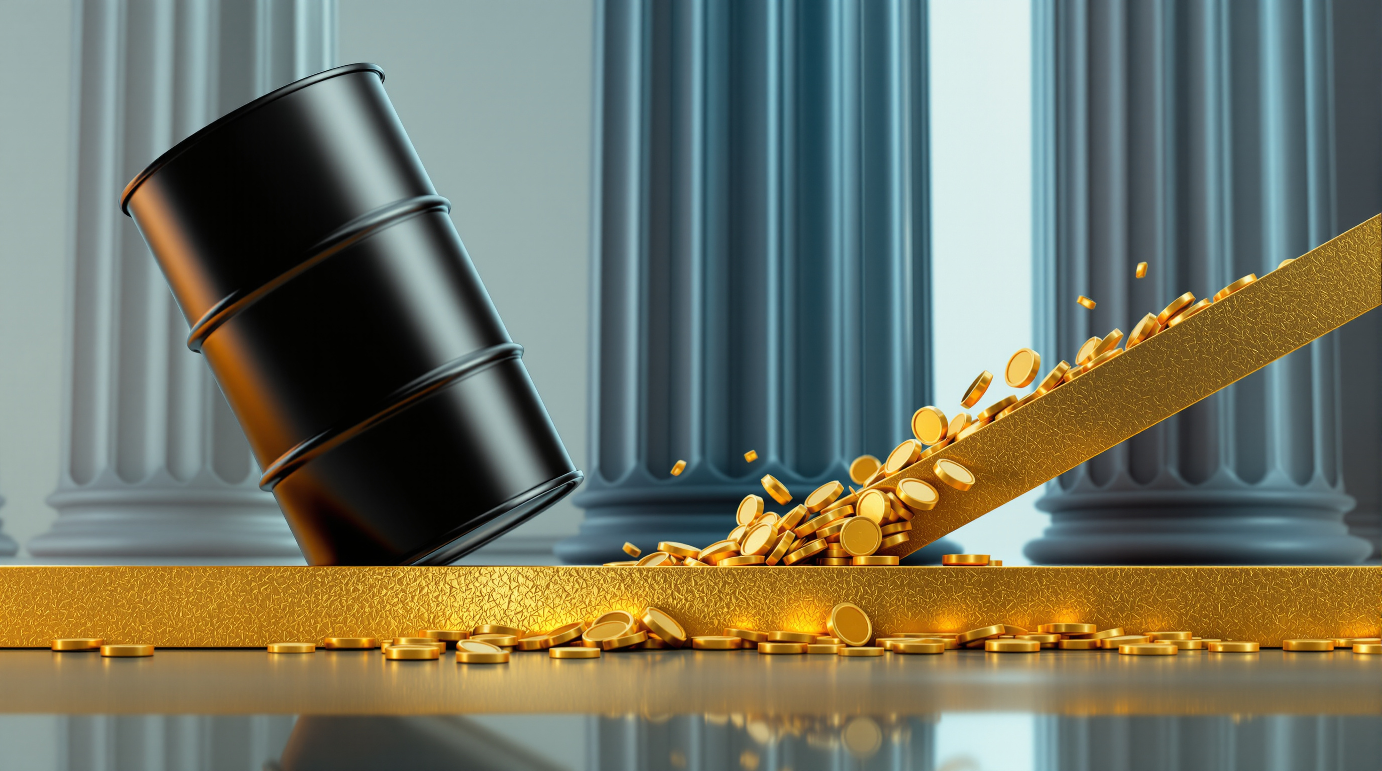 matte black oil barrel on a narrow gold beam with polished gold coins sliding off, backed by a silver-blue monolithic architectural column — editorial cover artwork for the Knightron story on Markets Slide On Inflation Fears As Oil Tops $100, Fed Hike