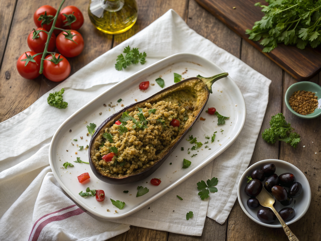 Mediterranean Stuffed Eggplant with Herbed Freekeh