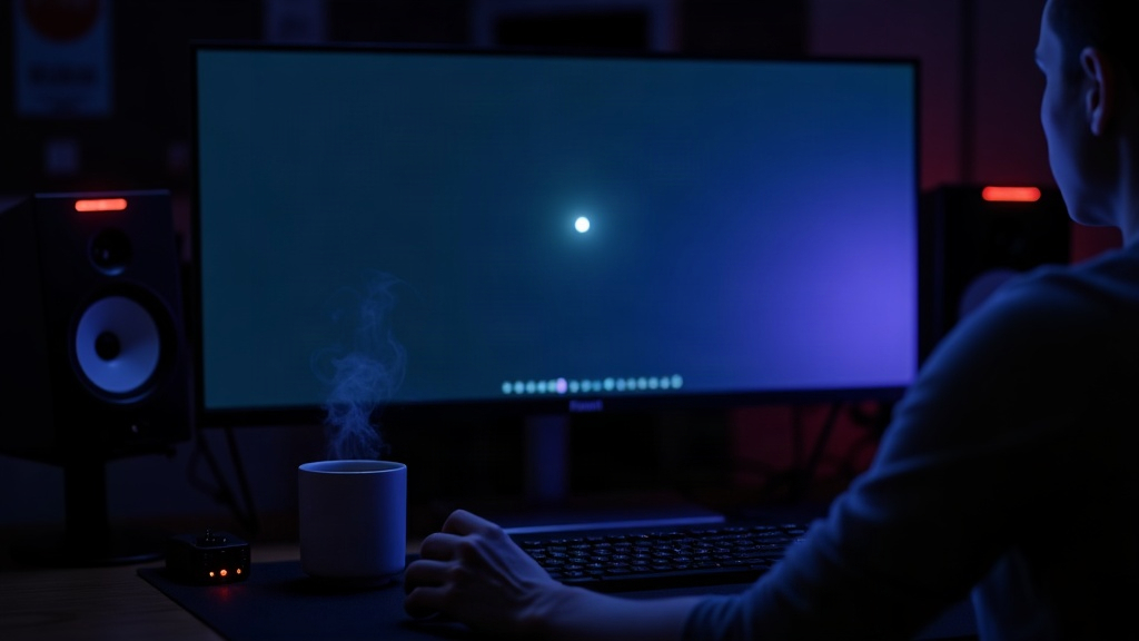 A video editor working late at night on an empty editing timeline, the monitor glowing in a dark room with only a single blinking cursor waiting for the first clip